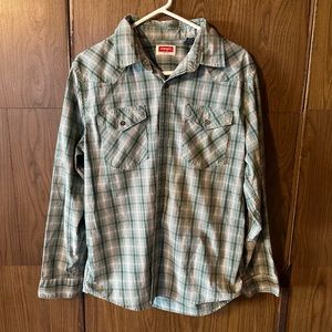 Wrangler Western Mens Long sleeve button down shirt Large Green/Blue